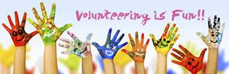 painted hands raised in air with text "volunteering is fun!"